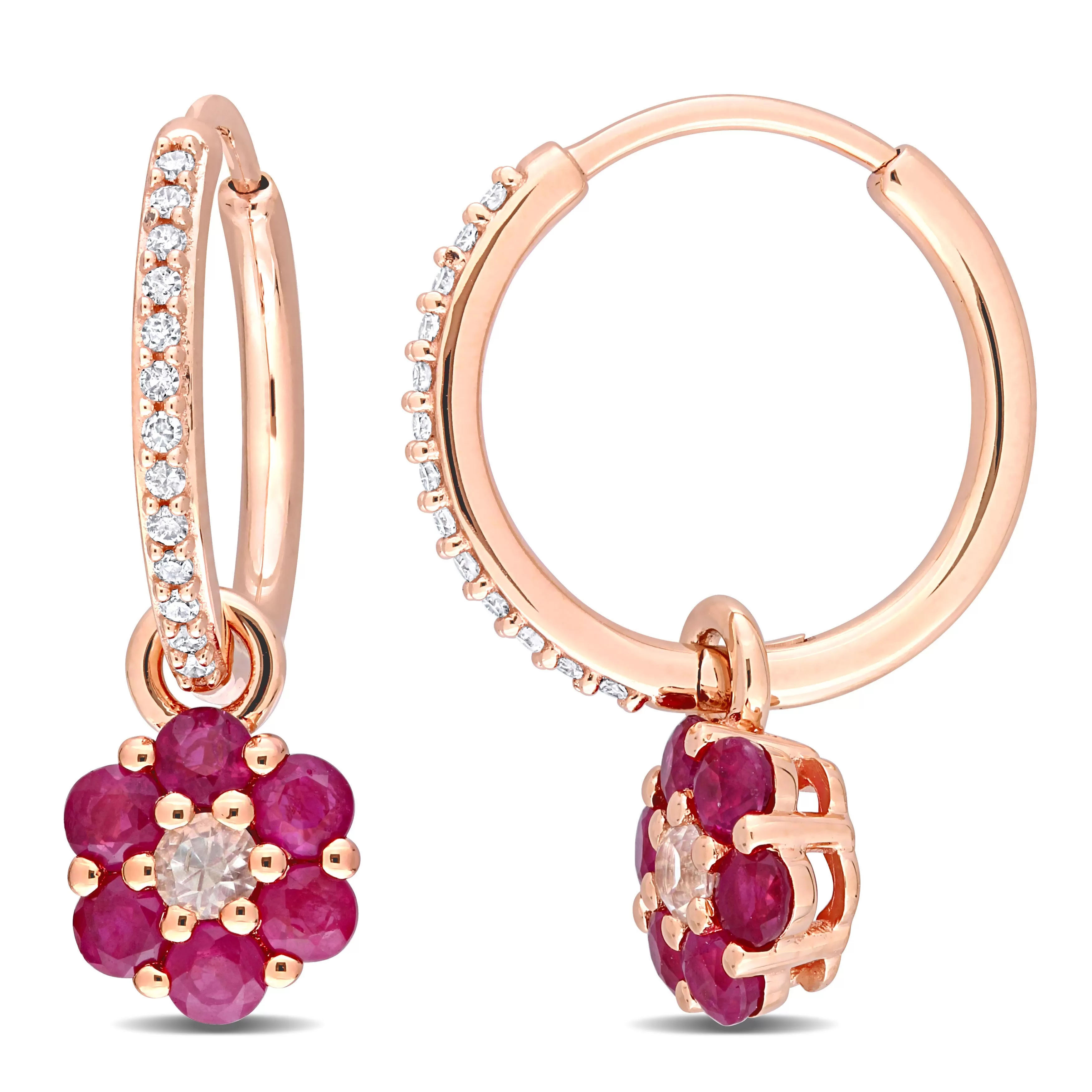 1 1/10 CT TGW White Sapphire Ruby and 1/8 CT TW Diamond Floral Hoop Earrings in 10k Rose Gold