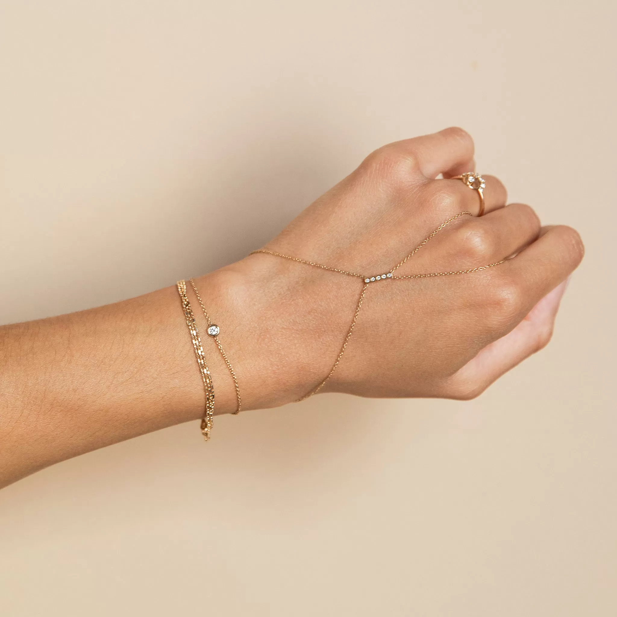 14k Delicate Chain Bracelet and Hand Chain Set