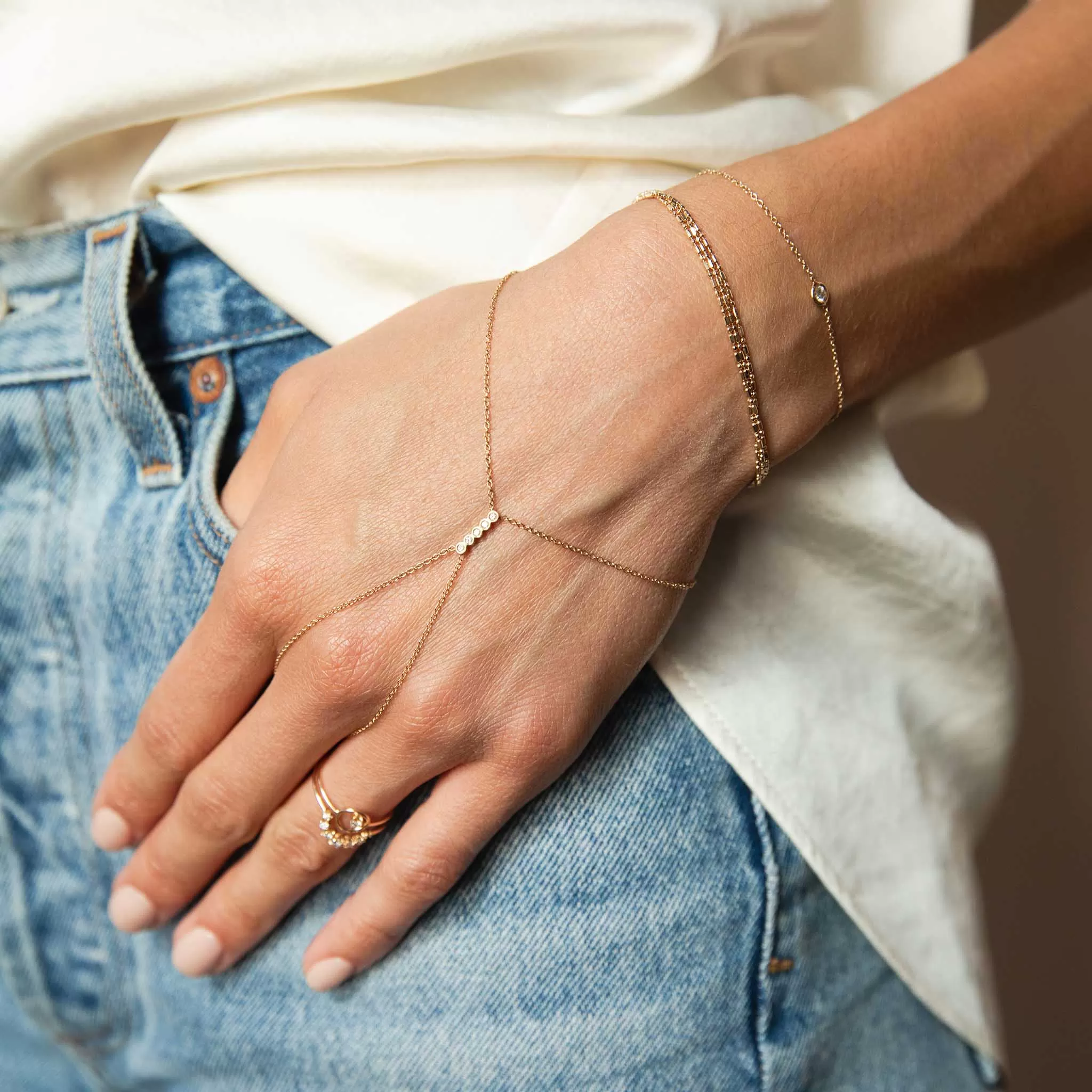 14k Delicate Chain Bracelet and Hand Chain Set