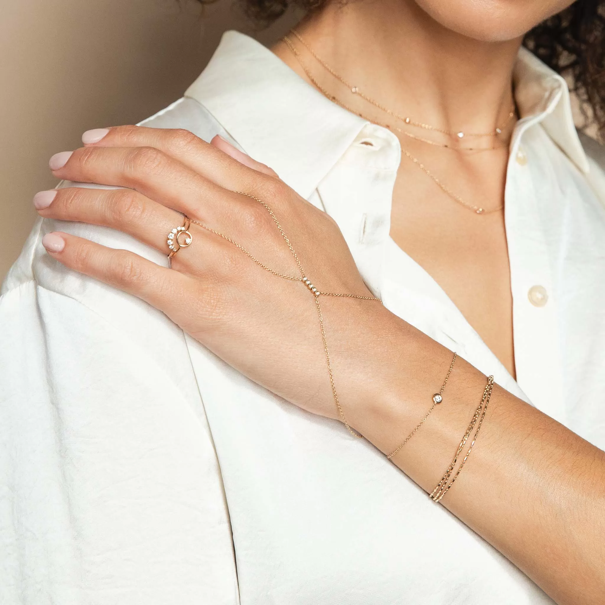 14k Delicate Chain Bracelet and Hand Chain Set