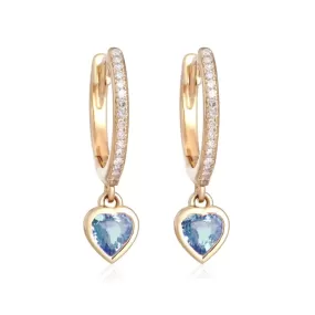 14K Gold and Diamond Blue Sapphire Heart Drop Hoops Earrings