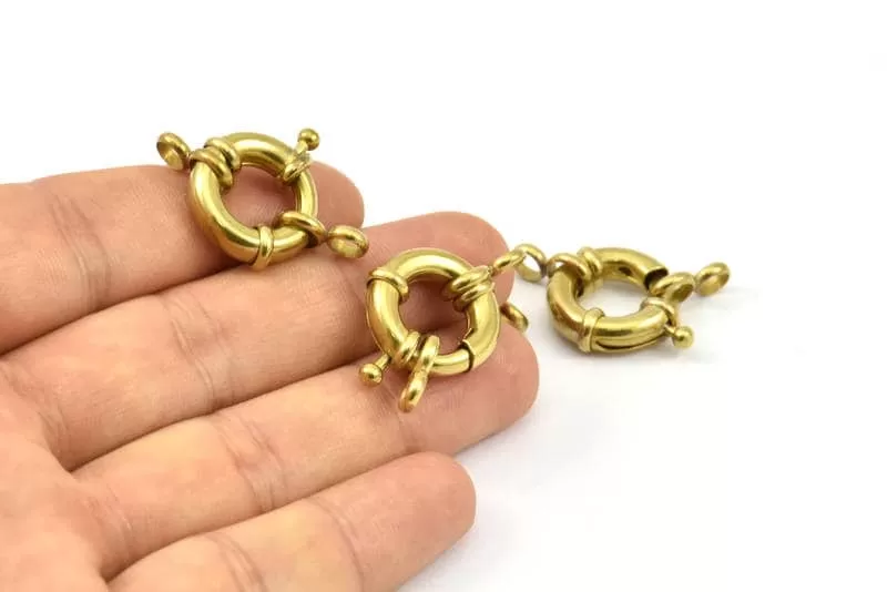 17mm Spring Ring Clasps, 6 Raw Brass Round Spring Ring Clasps with 2 Loops (17mm) BS 2361