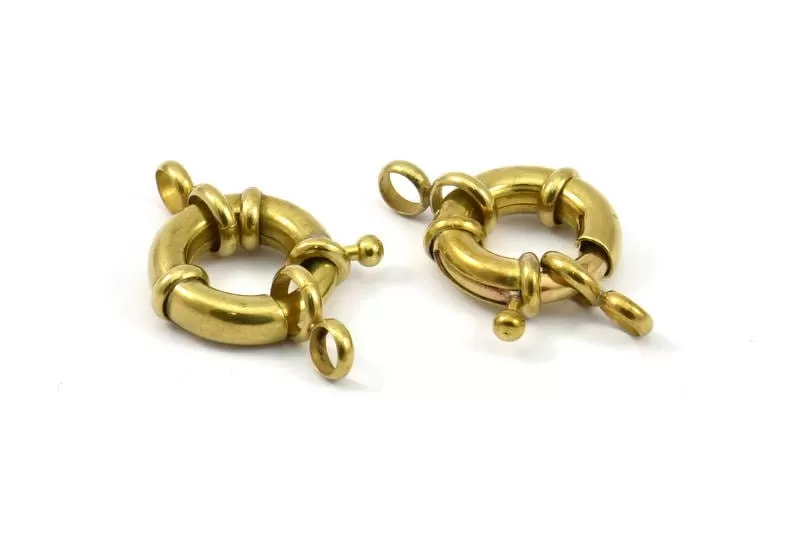 17mm Spring Ring Clasps, 6 Raw Brass Round Spring Ring Clasps with 2 Loops (17mm) BS 2361