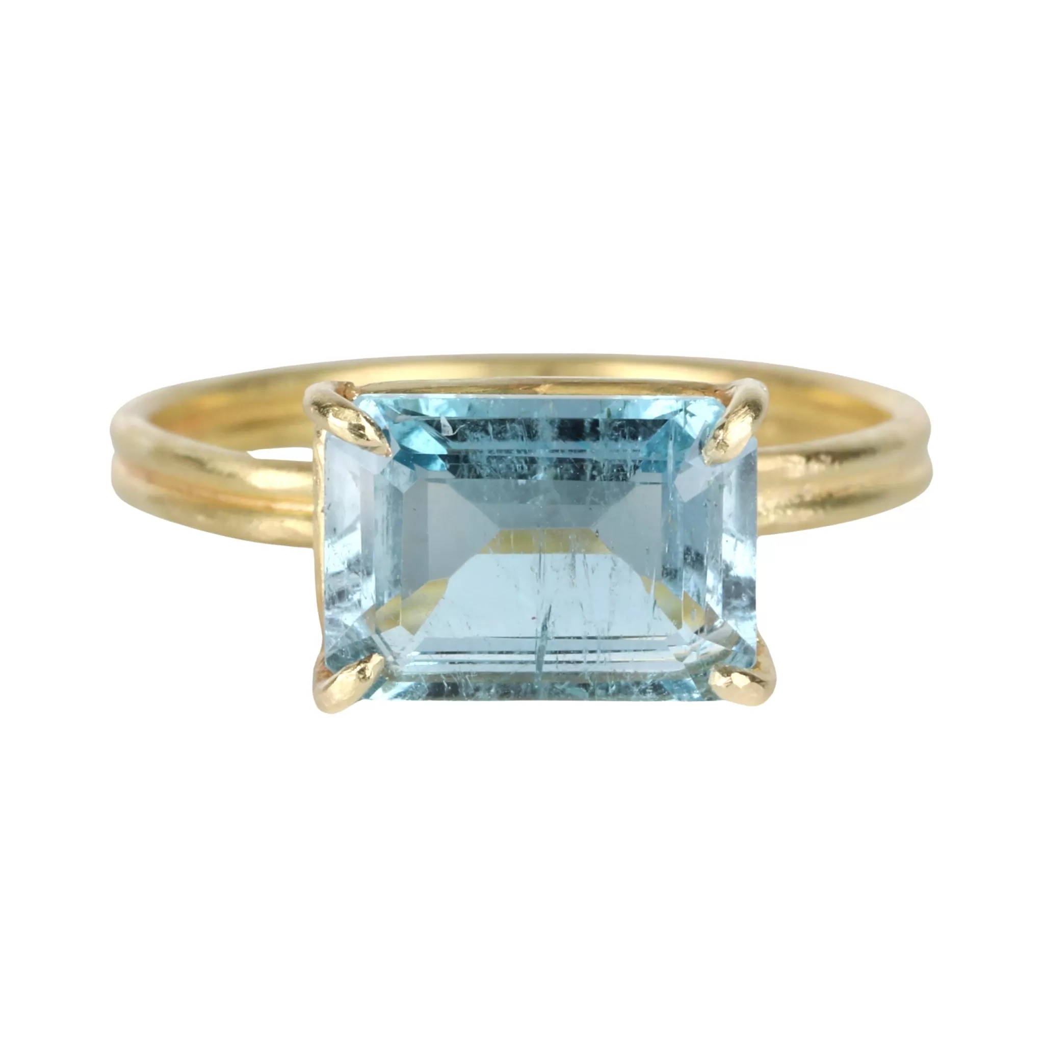 18K Gold Prong-Set Aquamarine Emerald-Cut Ring