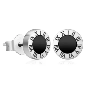 8mm Roman Numerals Black Agate Round Iced Stud Earrings for Men