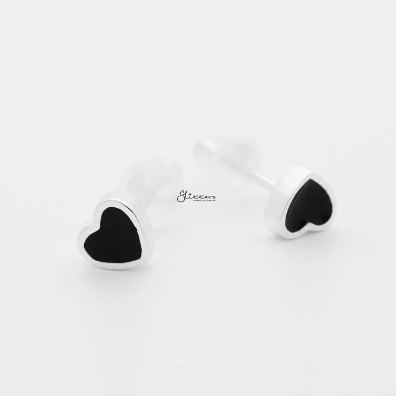 925 Sterling Silver Black Center Heart Shape Stud Earrings