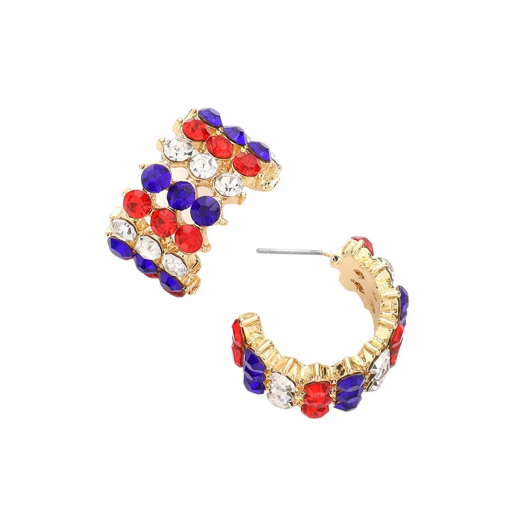 American USA Flag Rhinestone Cluster Hoop Earrings