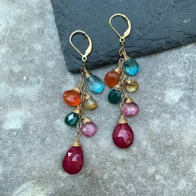 Barcelona Summer - Topaz Ruby and Onyx Multi-Gemstone Gold Earrings