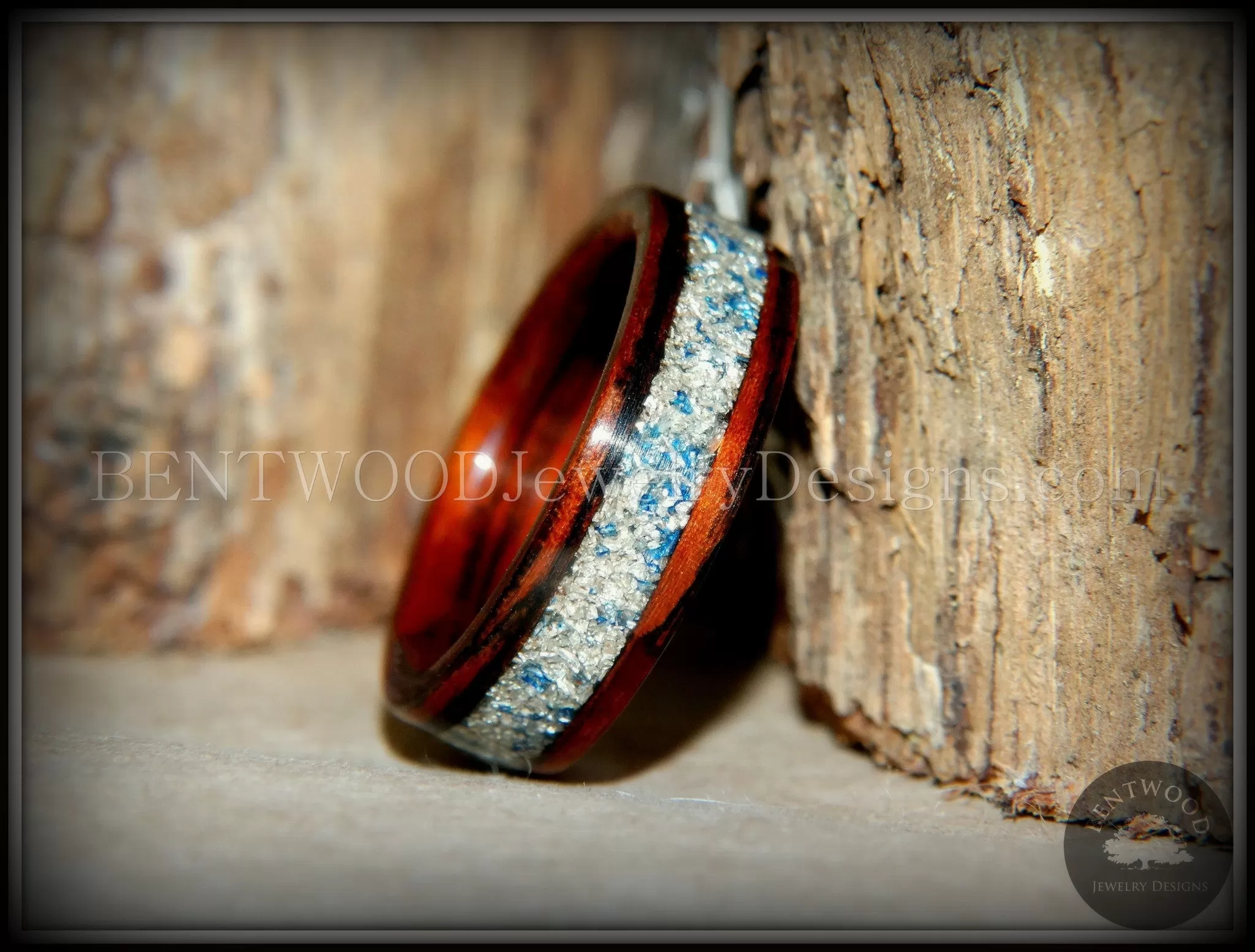 Bentwood Ring - Kingwood Wooden Ring with Bentwood Kingwood Wood Rings with Silver/Blue Glass Inlay