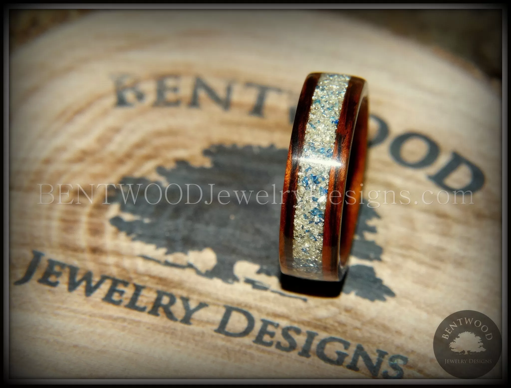 Bentwood Ring - Kingwood Wooden Ring with Bentwood Kingwood Wood Rings with Silver/Blue Glass Inlay