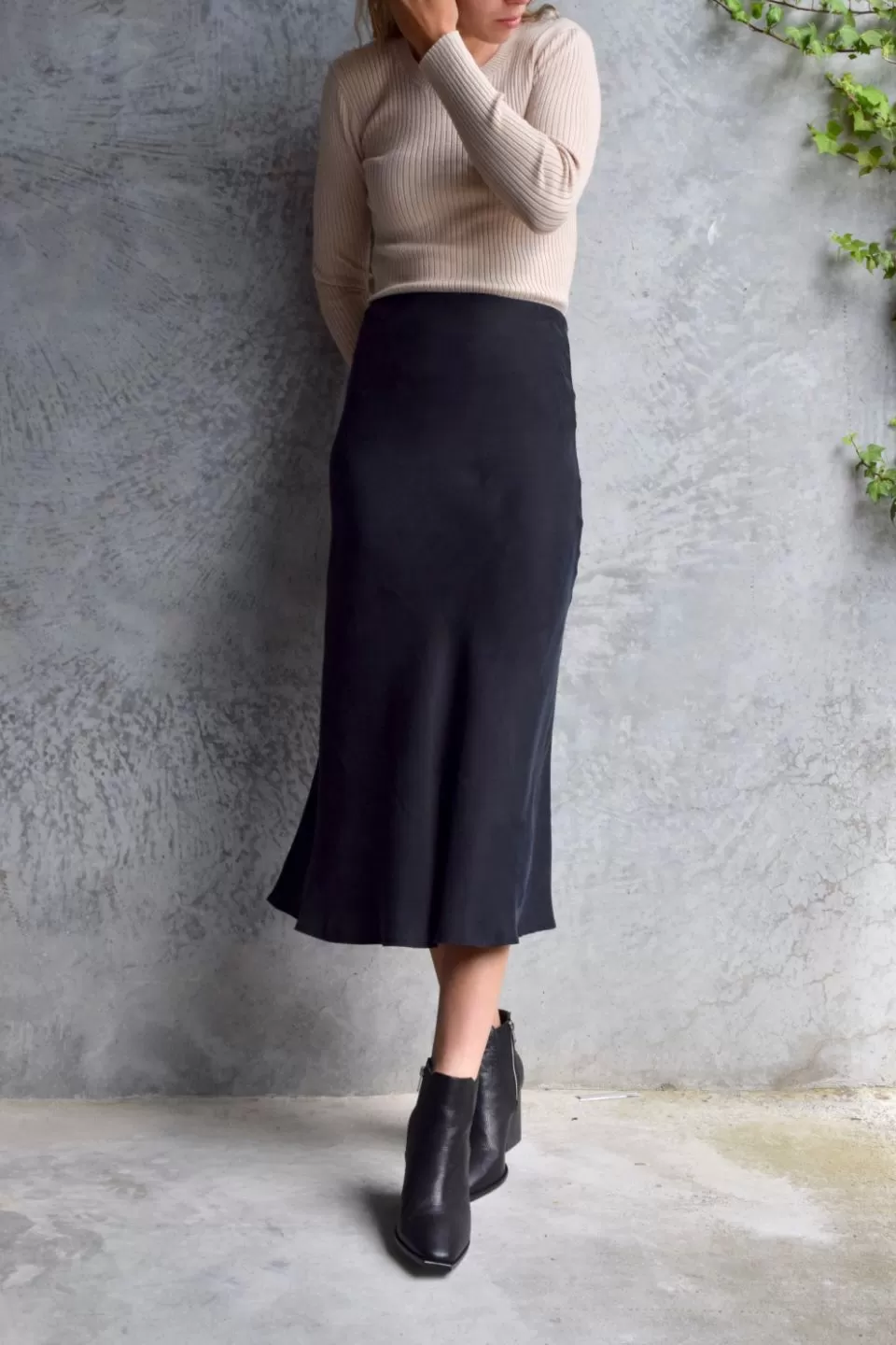 Beyond Black Cupro Bias Cut Midi Skirt