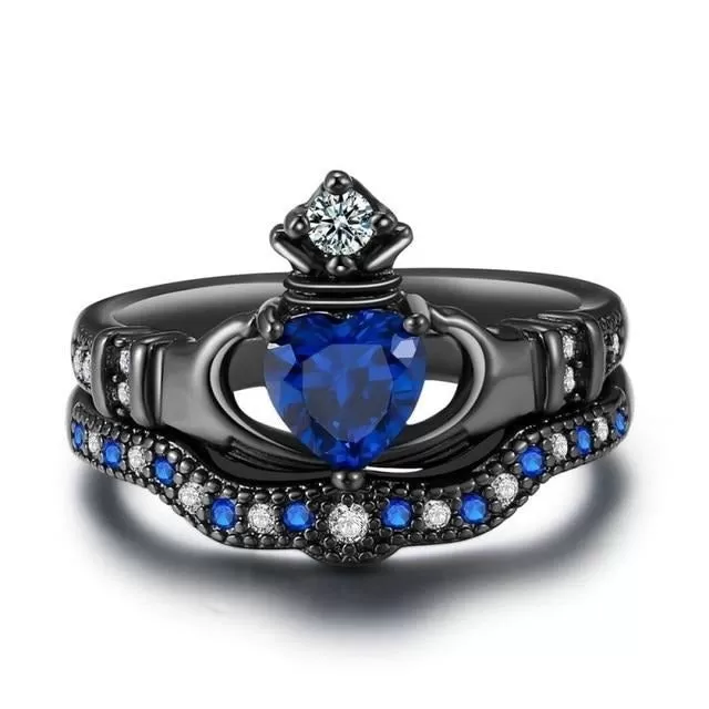 Black Celtic Dragon and Blue Cubic Zirconia & Rhinestones Claddagh Stainless Steel Matching Rings