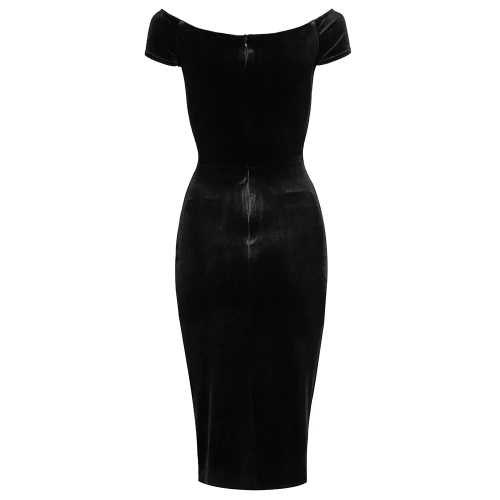 Black Velour Cap Sleeve Crossover Top Bardot Wiggle Dress