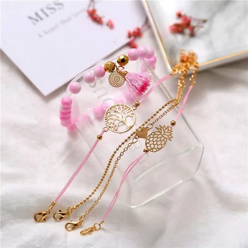 Bohemian Multilayer Pink Beaded Wish Tree Charm Bracelets