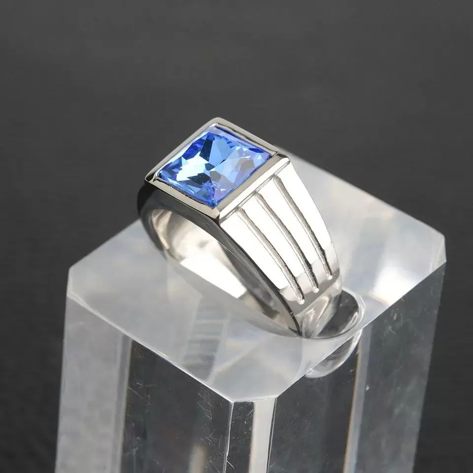 Casual Men Ring Blue CZ Stone Square Top Stainless Steel S4504534