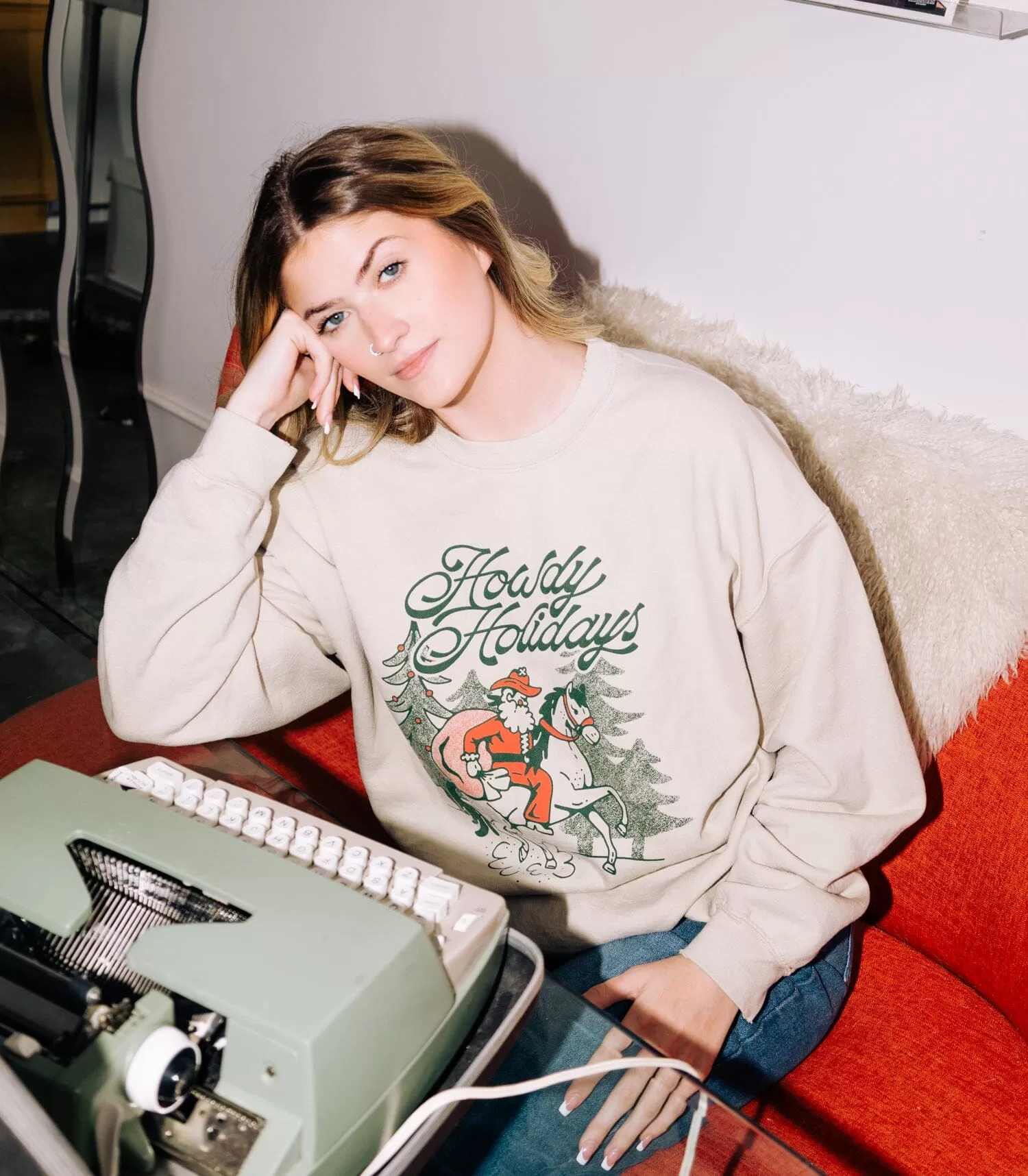 Christmas Howdy Holiday Sand Thrifted Sweatshirt