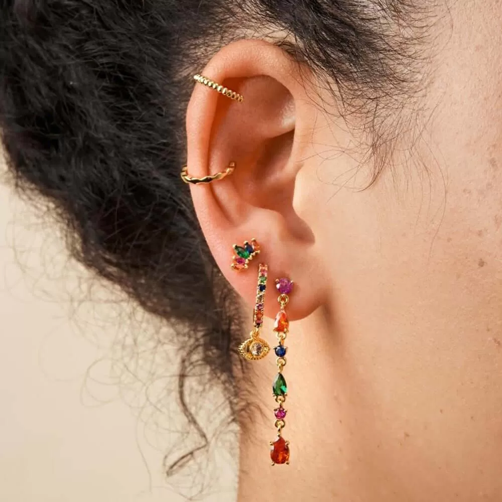 Classic Multi Colour Devil's Eye Gold Huggie Hoop Earrings