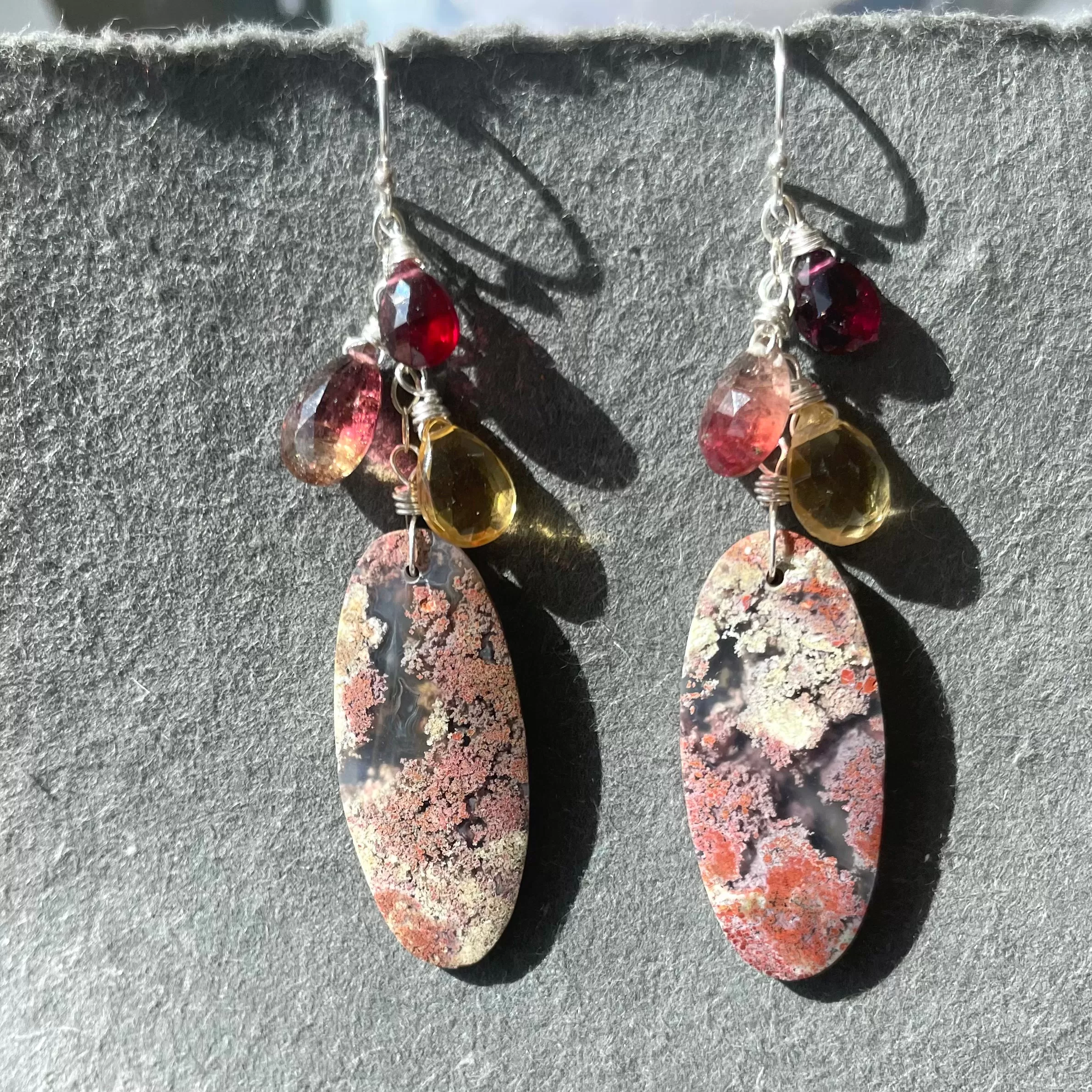 Colorful Moss Agate Cascade Oval Earrings OOAK