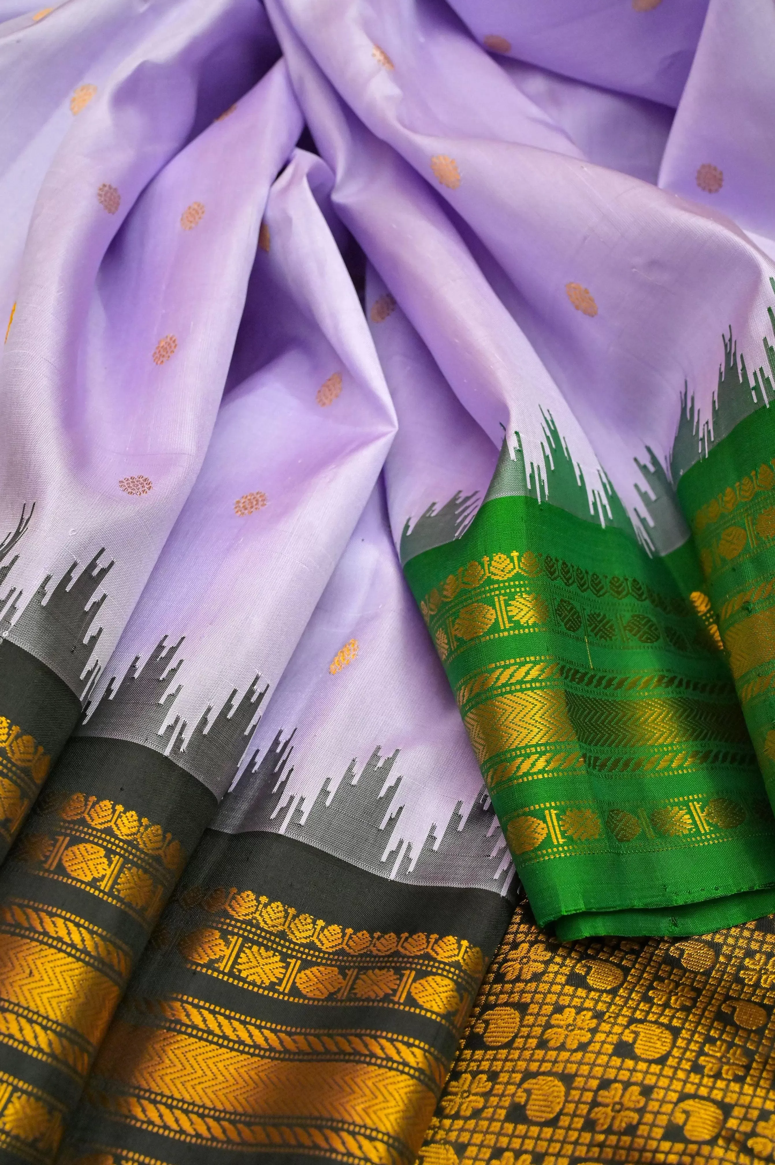 Dark Lavender Color Gadwal Silk Saree with Ganga Jamuna Border & Golden Butta Work