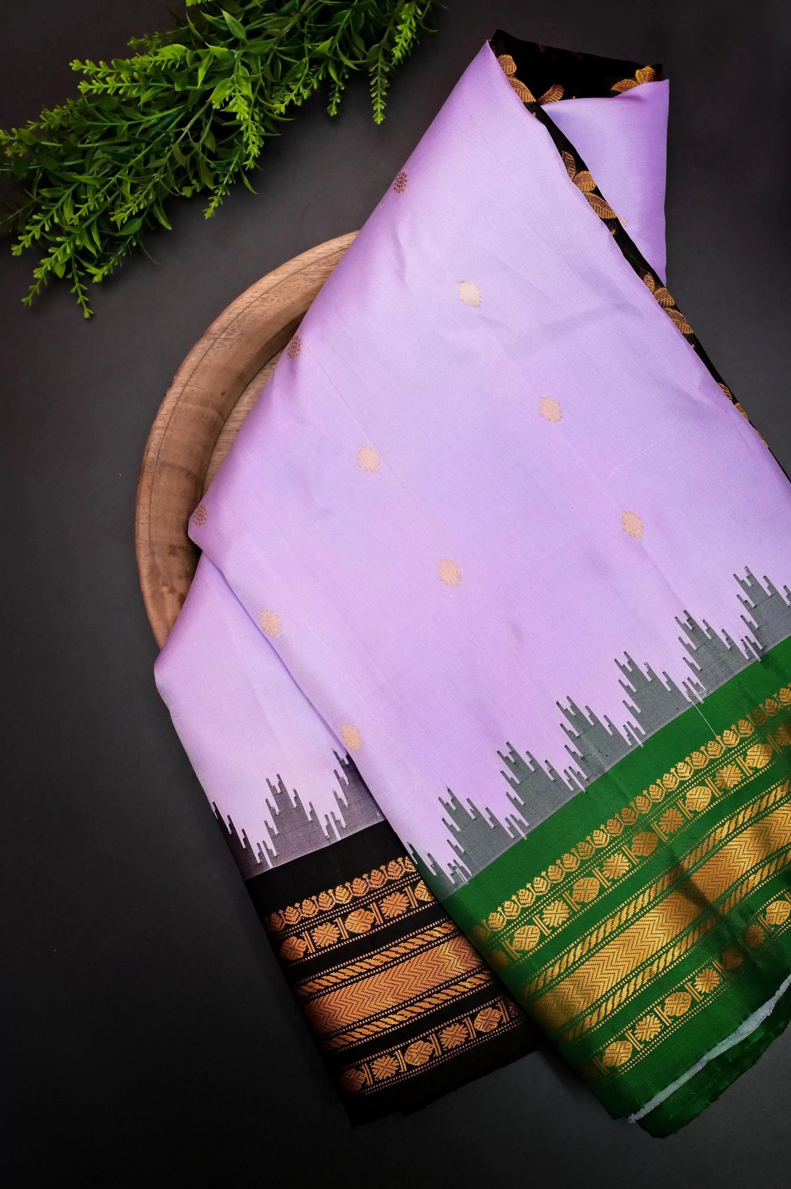 Dark Lavender Color Gadwal Silk Saree with Ganga Jamuna Border & Golden Butta Work