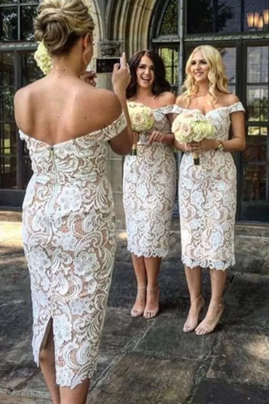 Elegant Sheath Off the Shoulder White Lace Bridesmaid Dress