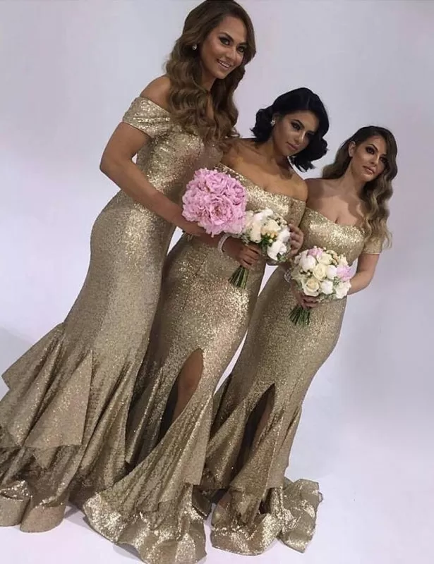 Fabulous Strapless Short Sleeves Long Sequins Bridesmaid Dress