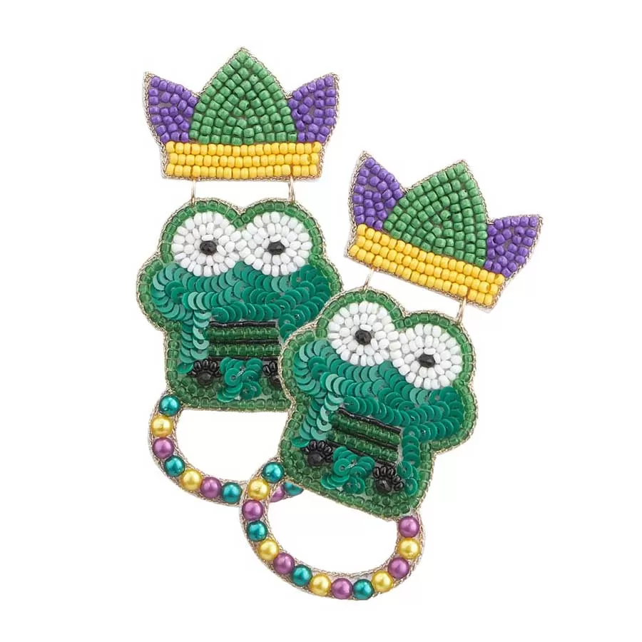 Felt Back Mardi Gras Crocodile Alligator Beaded Earrings