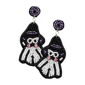 Felt Back Seed Beaded Witch Hat Ghost Dangle Earrings