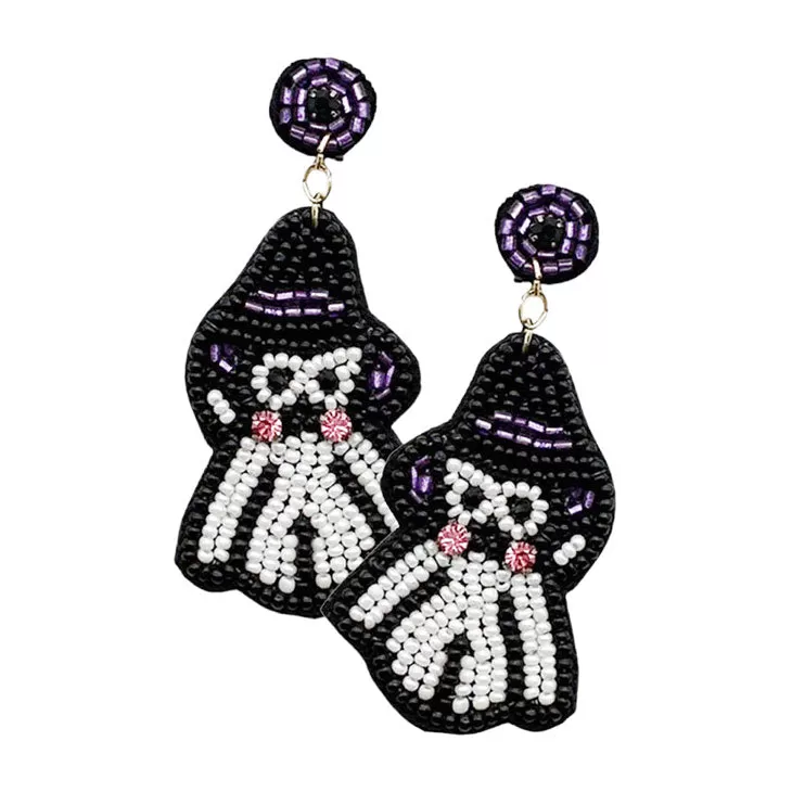 Felt Back Seed Beaded Witch Hat Ghost Dangle Earrings