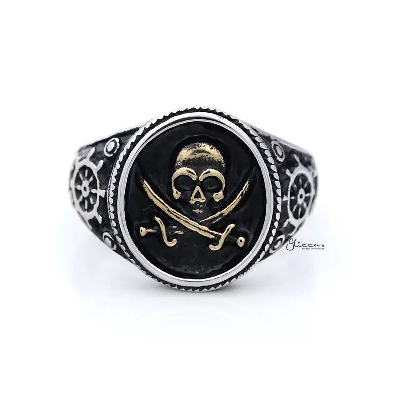 Gold Pirate Skull Crossbones Swords Stainless Steel Men's Ring