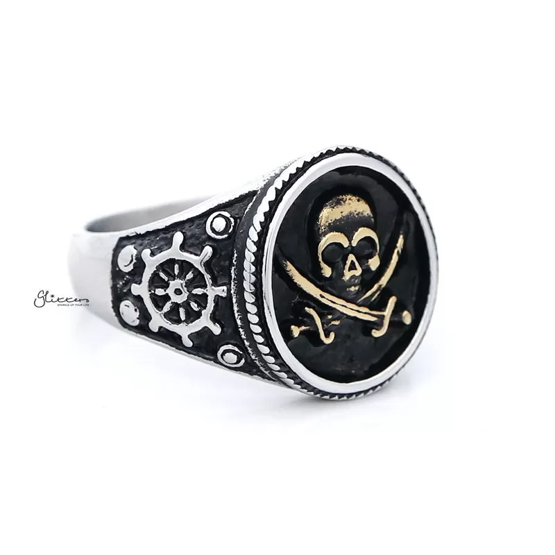 Gold Pirate Skull Crossbones Swords Stainless Steel Men's Ring