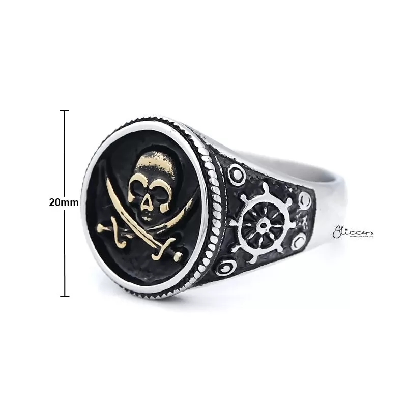 Gold Pirate Skull Crossbones Swords Stainless Steel Men's Ring