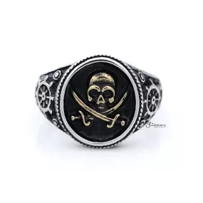 Gold Pirate Skull Crossbones Swords Stainless Steel Men's Ring