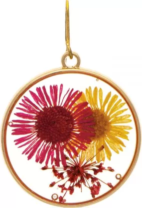 Gold Yellow Pink Pressed Daisies Earrings