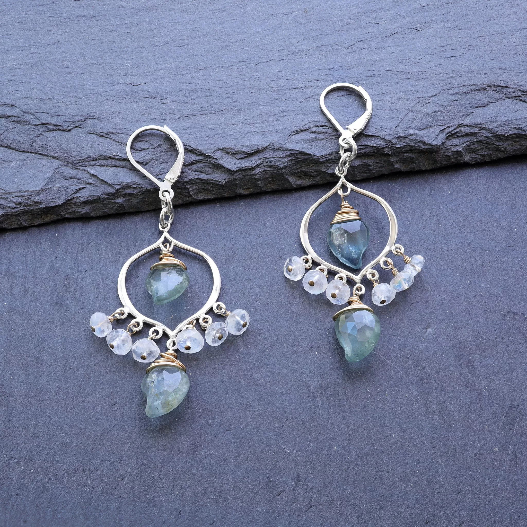 Grayson - Moss Aquamarine and Moonstone Sterling Silver Chandelier Earrings