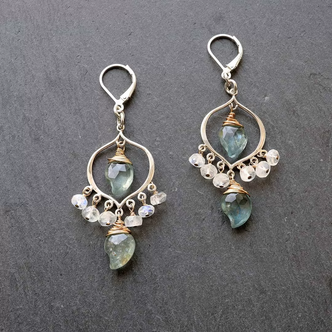 Grayson - Moss Aquamarine and Moonstone Sterling Silver Chandelier Earrings