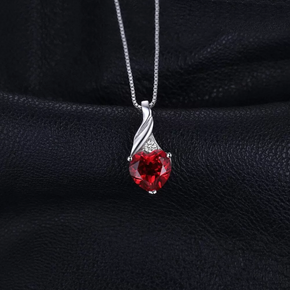 Love Heart Created Ruby Pendant Necklace - 925 Sterling Silver (Without Chain)