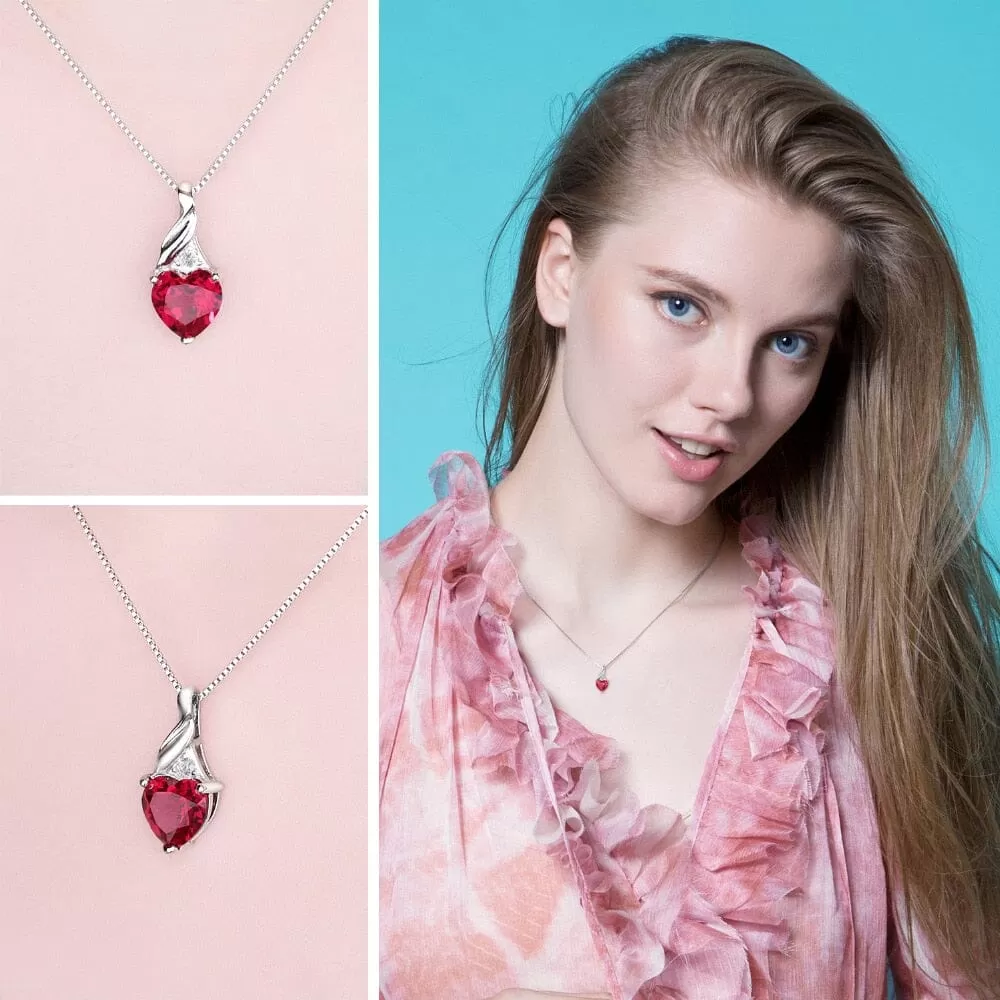 Love Heart Created Ruby Pendant Necklace - 925 Sterling Silver (Without Chain)