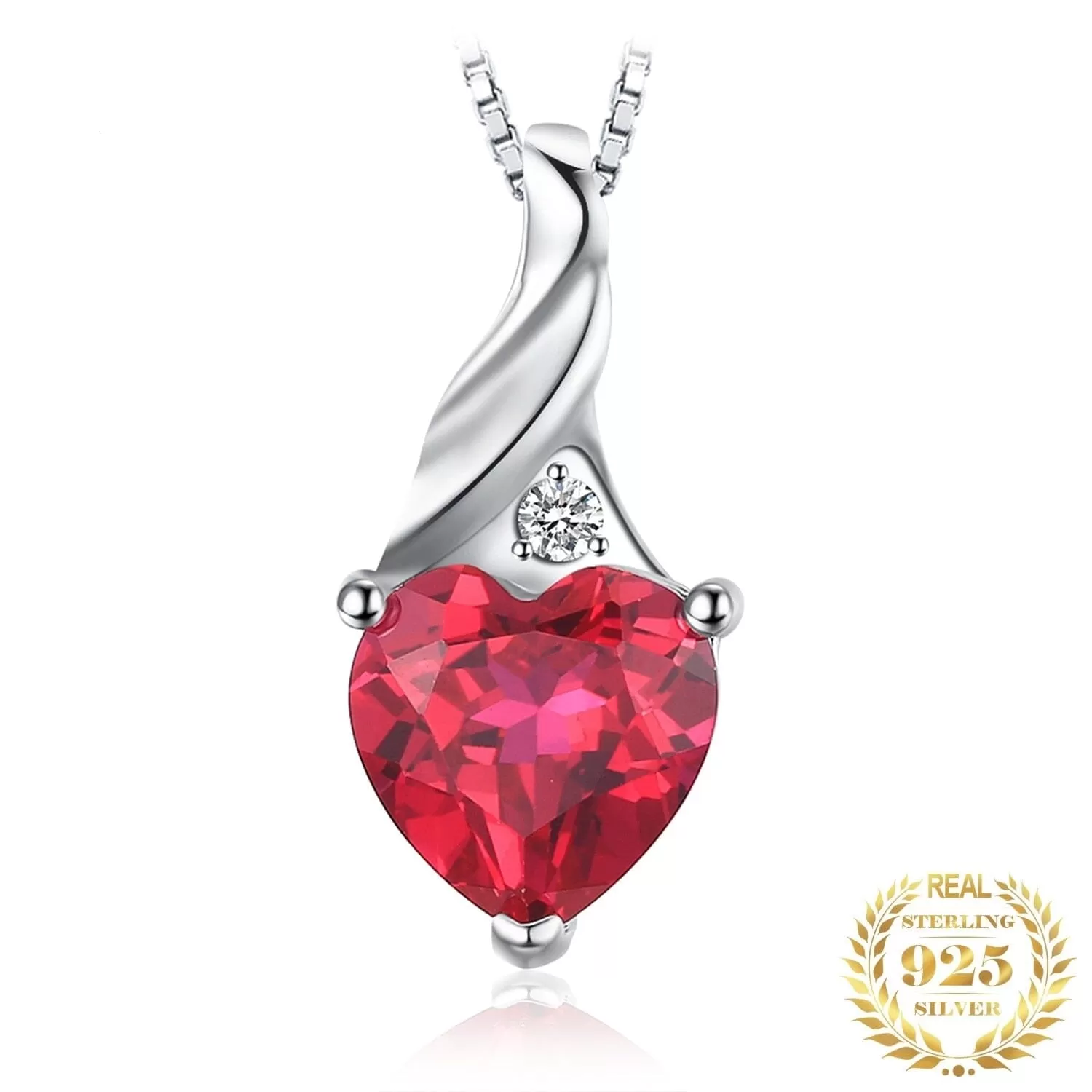 Love Heart Created Ruby Pendant Necklace - 925 Sterling Silver (Without Chain)