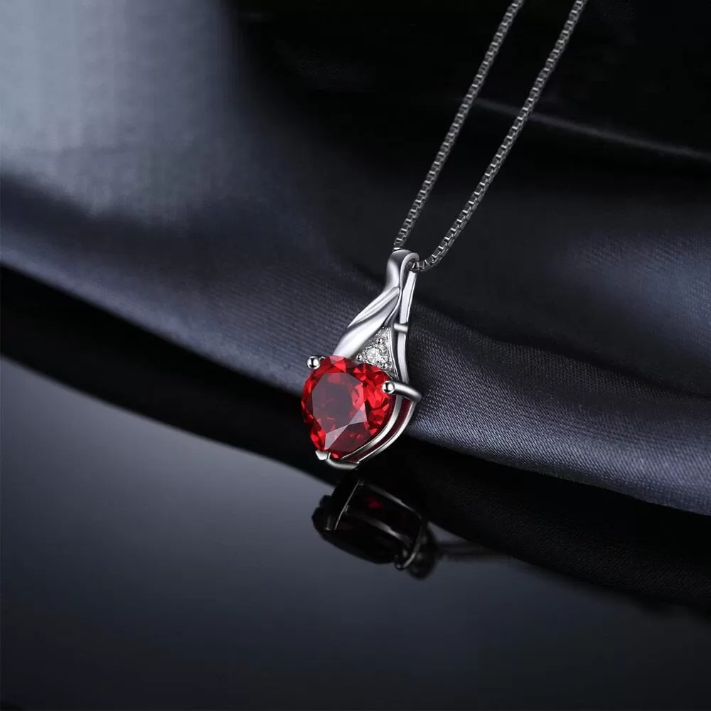 Love Heart Created Ruby Pendant Necklace - 925 Sterling Silver (Without Chain)