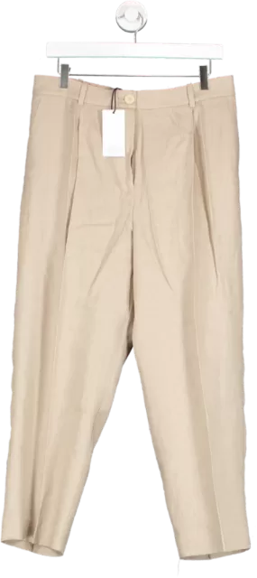 MANGO Beige 100% Linen Straight Cropped Leg Trousers BNWT UK 14