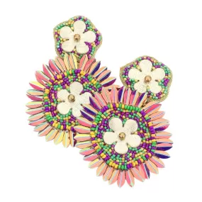 Mardi Gras Felt Back Flower Pointed Beaded Dangle Earrings