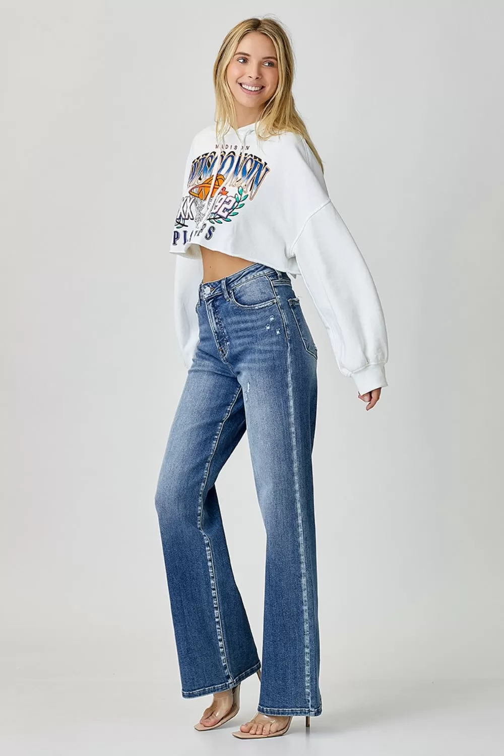 Mid Washed High Waist Wide Leg Jeans