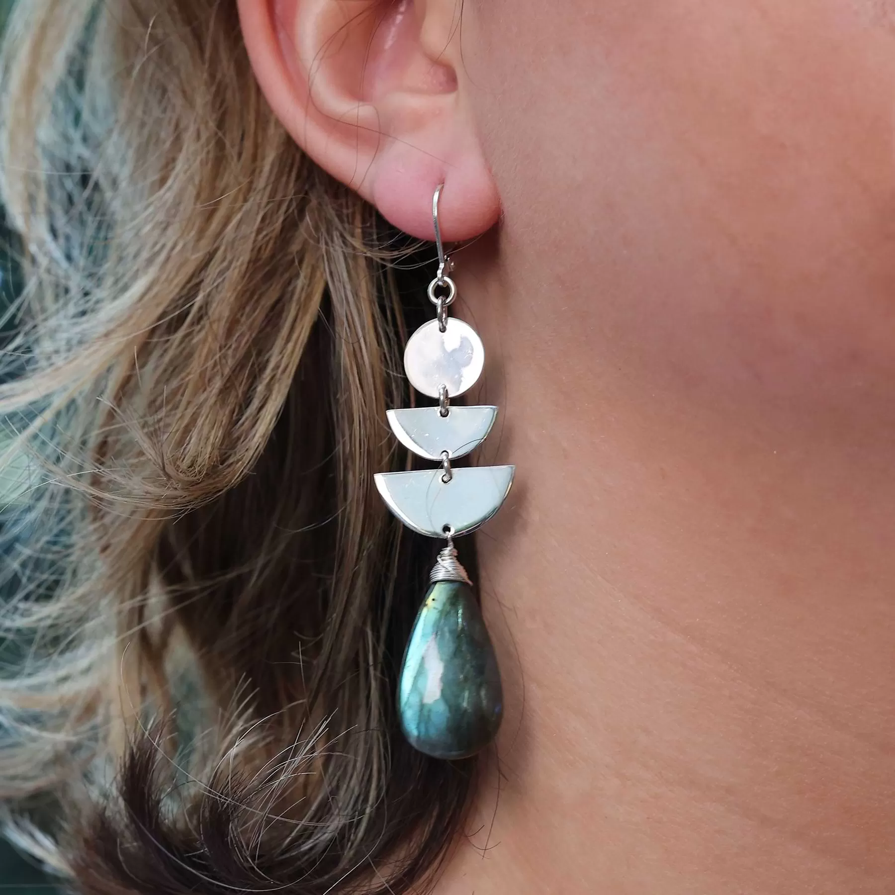 Midnight - Labradorite Moon Phase Silver Statement Earrings