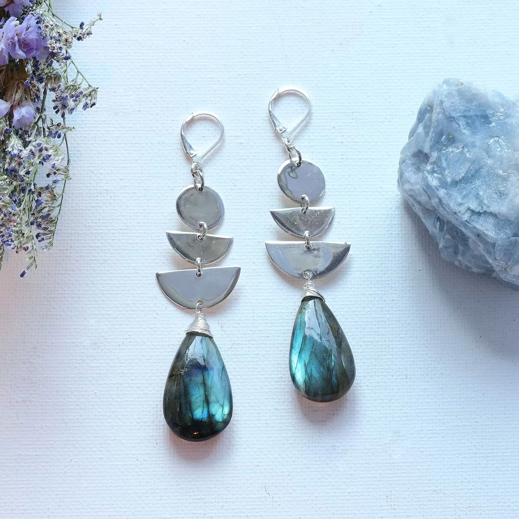 Midnight - Labradorite Moon Phase Silver Statement Earrings