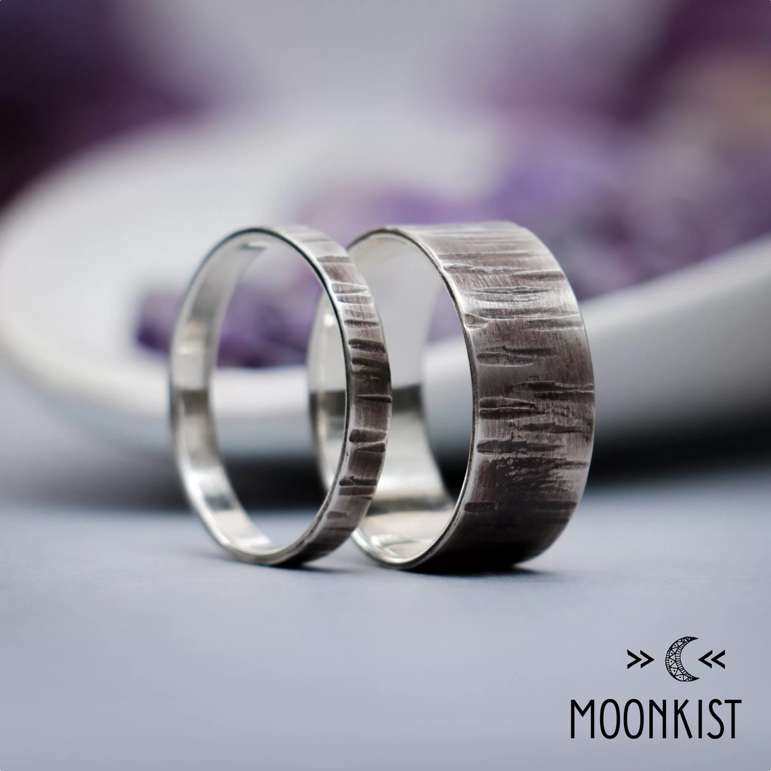 Nature Inspired Birch Bark Wedding Ring Set | Moonkist Designs