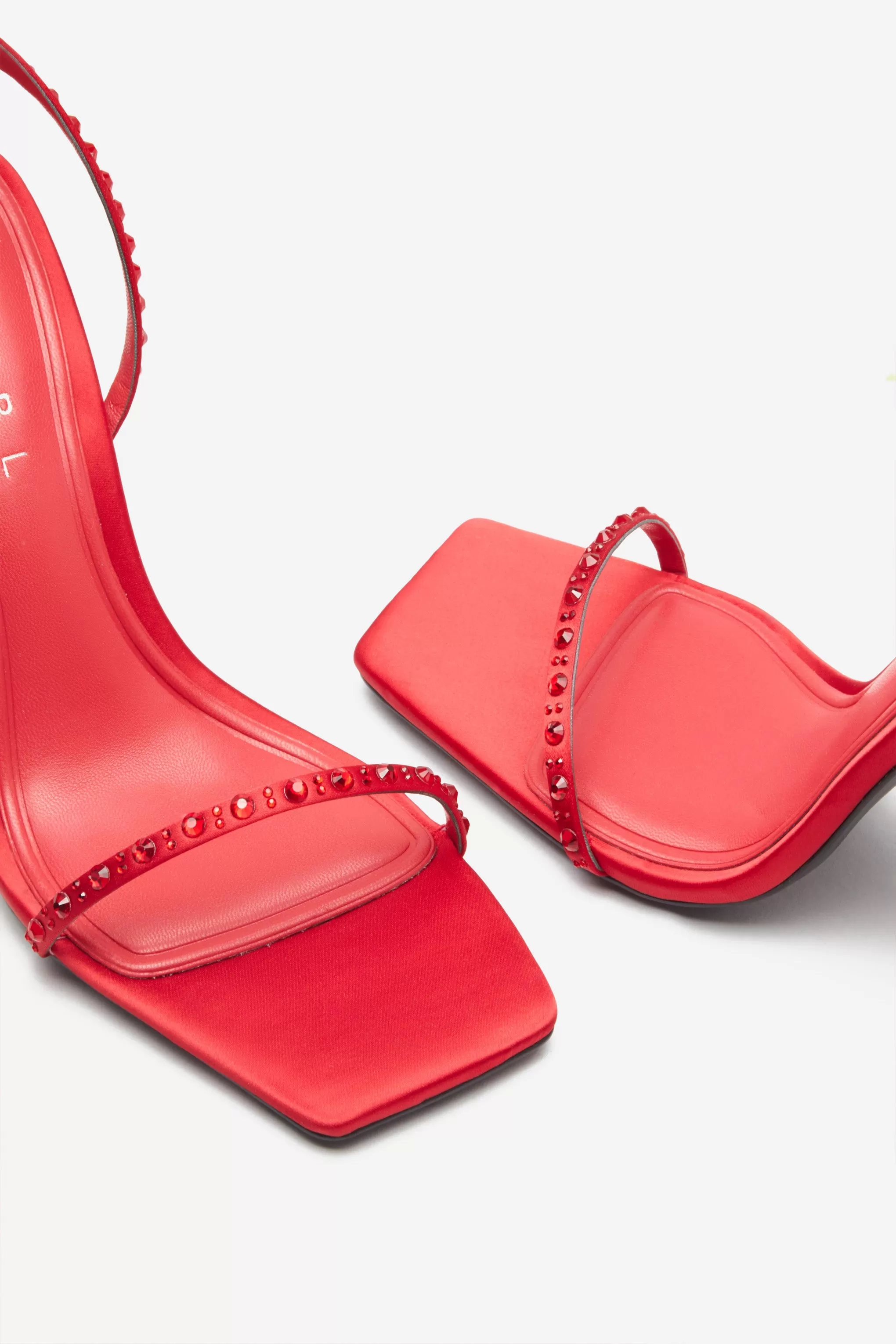 Nostalgia | Bright Red Satin Heeled Sandals With Diamante Straps