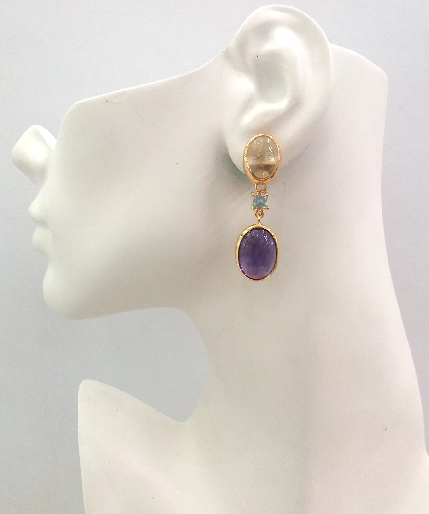 Oval Lemon Quartz Cabochon Studs with Blue Topaz and Oval Amethyst Cabochon Twinset Earrings