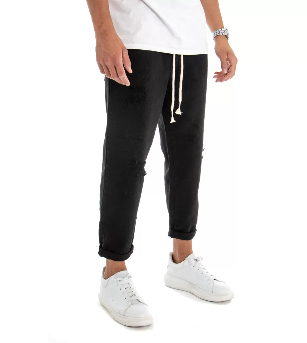 Pantaloni Jeans Uomo Regular Fit Nero Pantalaccio Bull Con Rotture Casual GIOSAL-P3028A