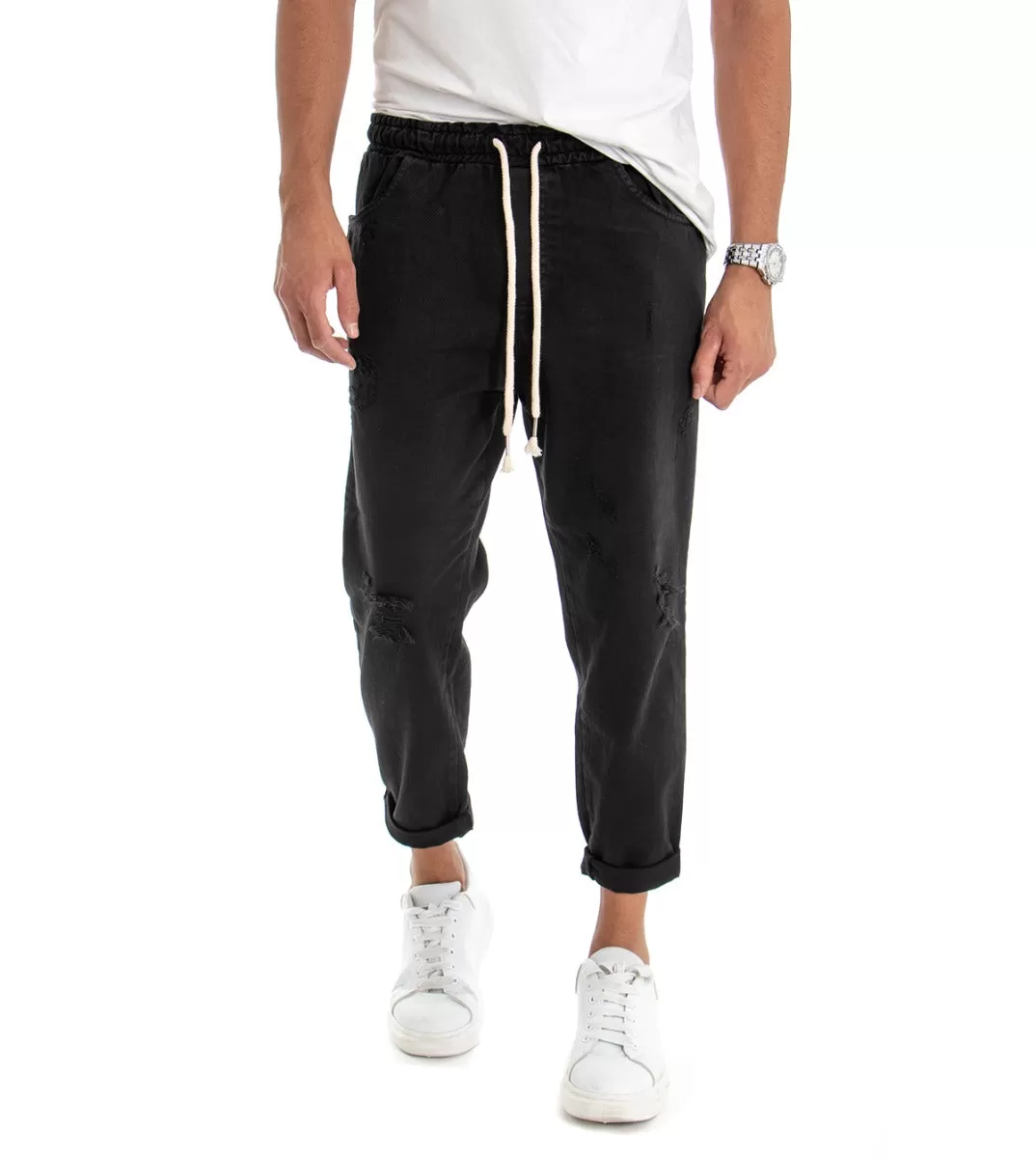 Pantaloni Jeans Uomo Regular Fit Nero Pantalaccio Bull Con Rotture Casual GIOSAL-P3028A